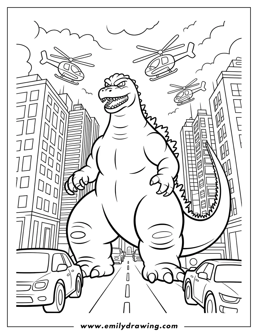 Line art of Godzilla walking through a city, with cars on the street below and helicopters in the sky above.