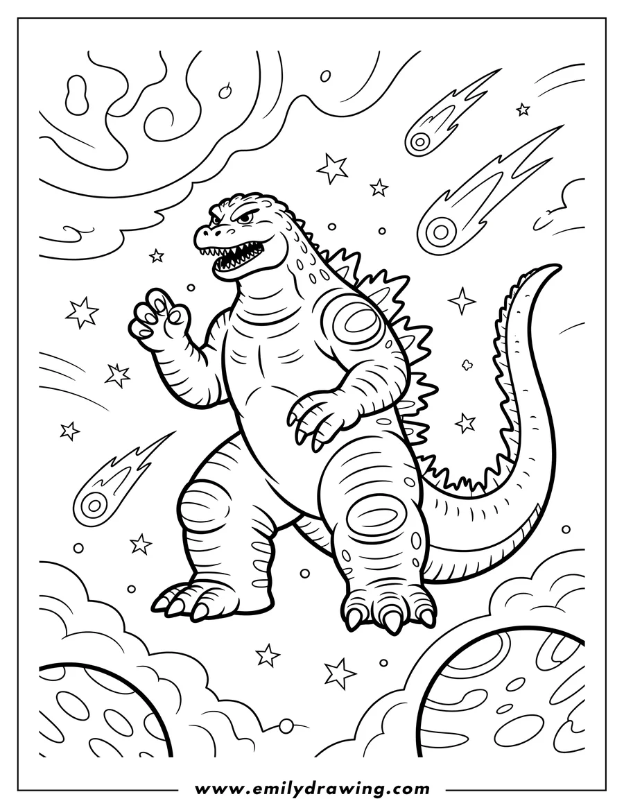 Line art of Godzilla in space with comets and planets.