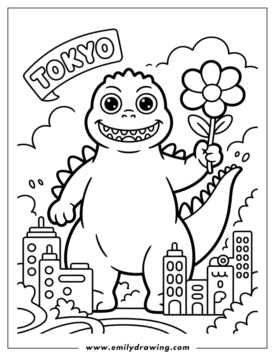 Outline of Godzilla holding a flower in Tokyo. Buildings are visible behind him.