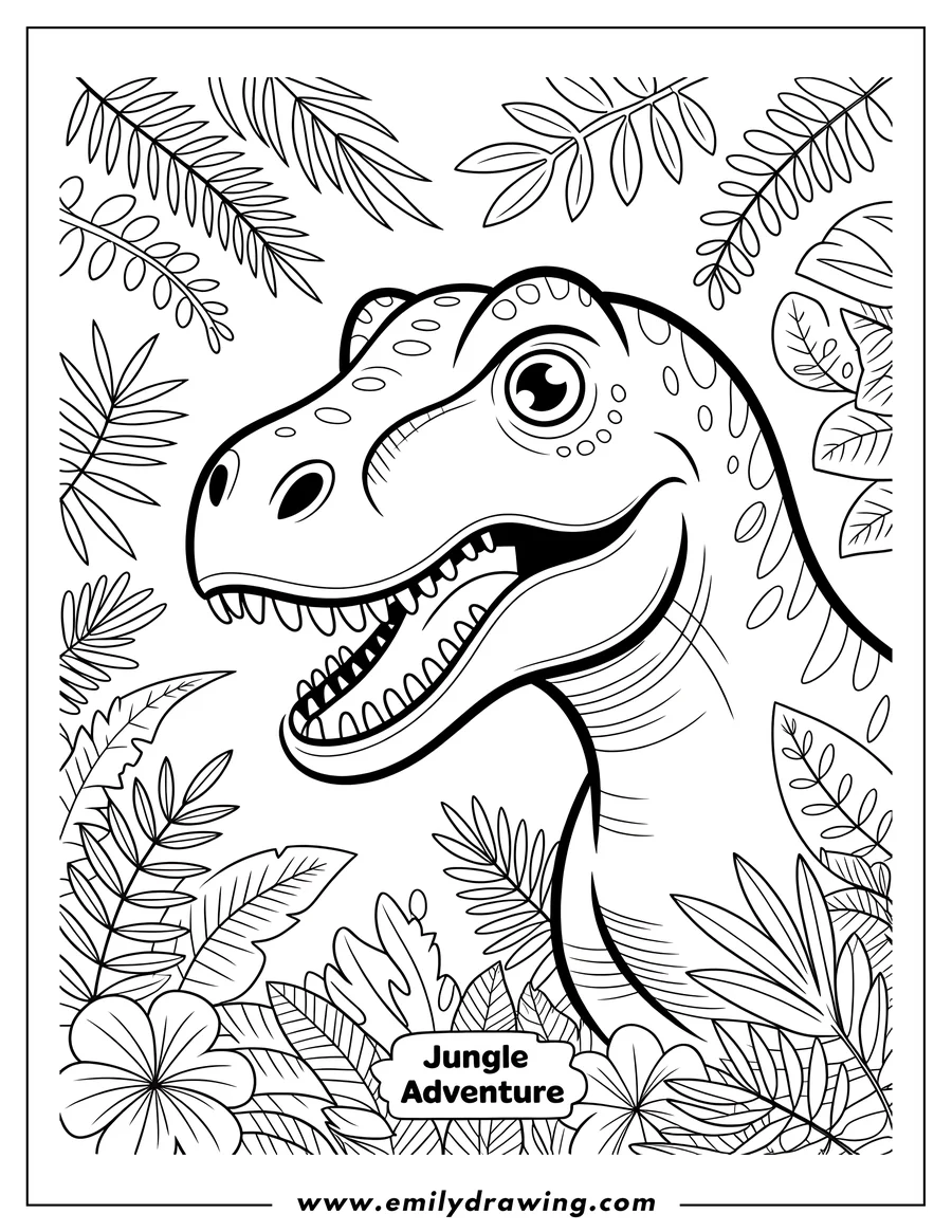 Line art of Godzilla in a jungle setting, surrounded by tropical leaves and flowers.
