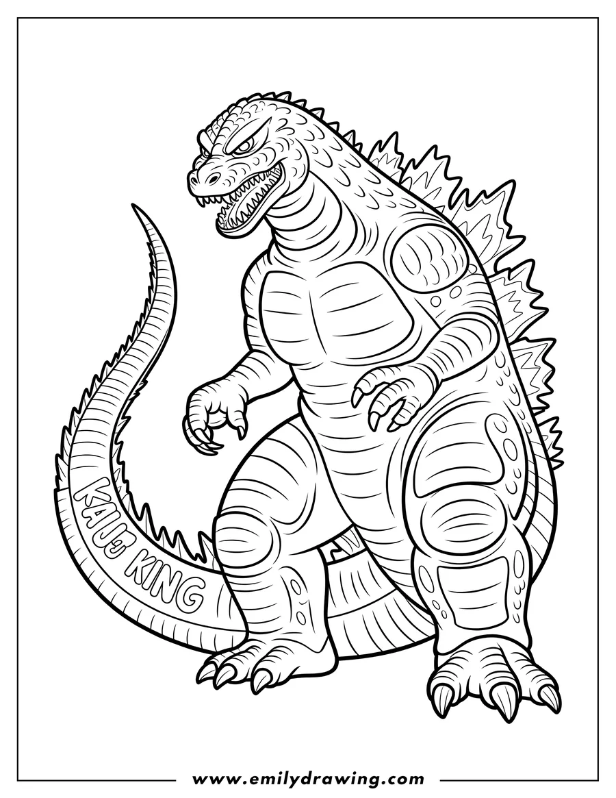 Line art of Godzilla, the Kaiju King. He stands with a fierce expression, his tail curled behind him.