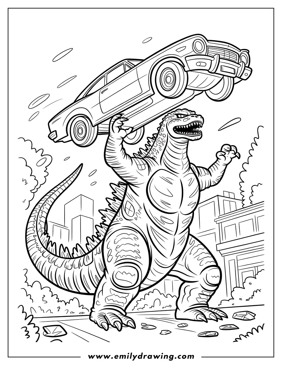 Line art of Godzilla lifting a car over his head in a city setting.