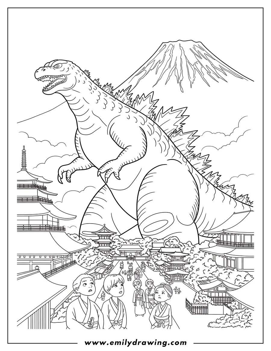 Line art of Godzilla near Mount Fuji, towering over traditional Japanese buildings with people looking up in awe.