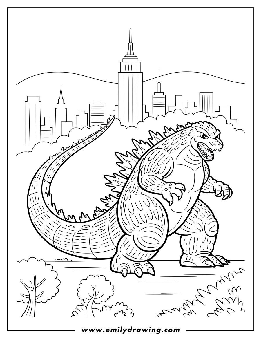 Line art of Godzilla standing near a cityscape, possibly New York City due to the resemblance of the Empire State Building.