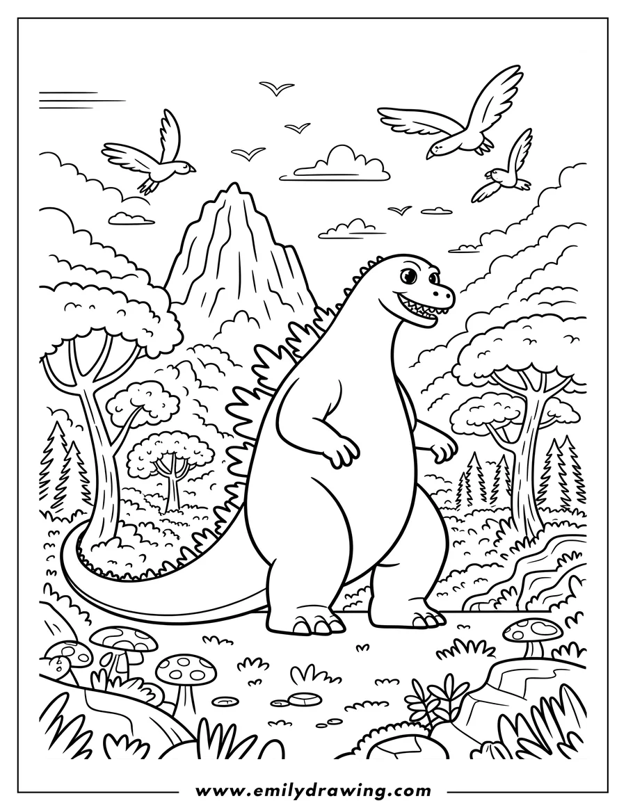 Line art of Godzilla standing in a landscape with a mountain in the background, birds flying overhead, and mushrooms at his feet.