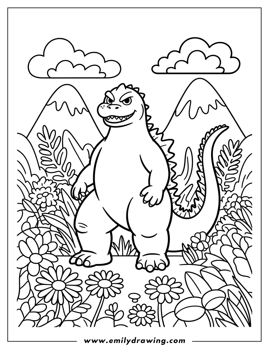 Line art of Godzilla standing in a field of flowers, with mountains and clouds in the background.