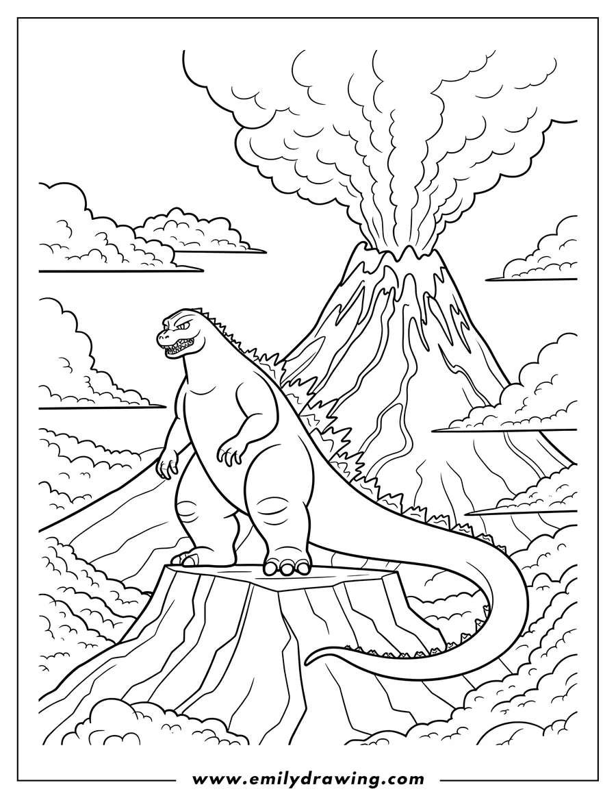 Line art of Godzilla standing on a rocky outcrop, with a smoking volcano in the background and clouds surrounding him.