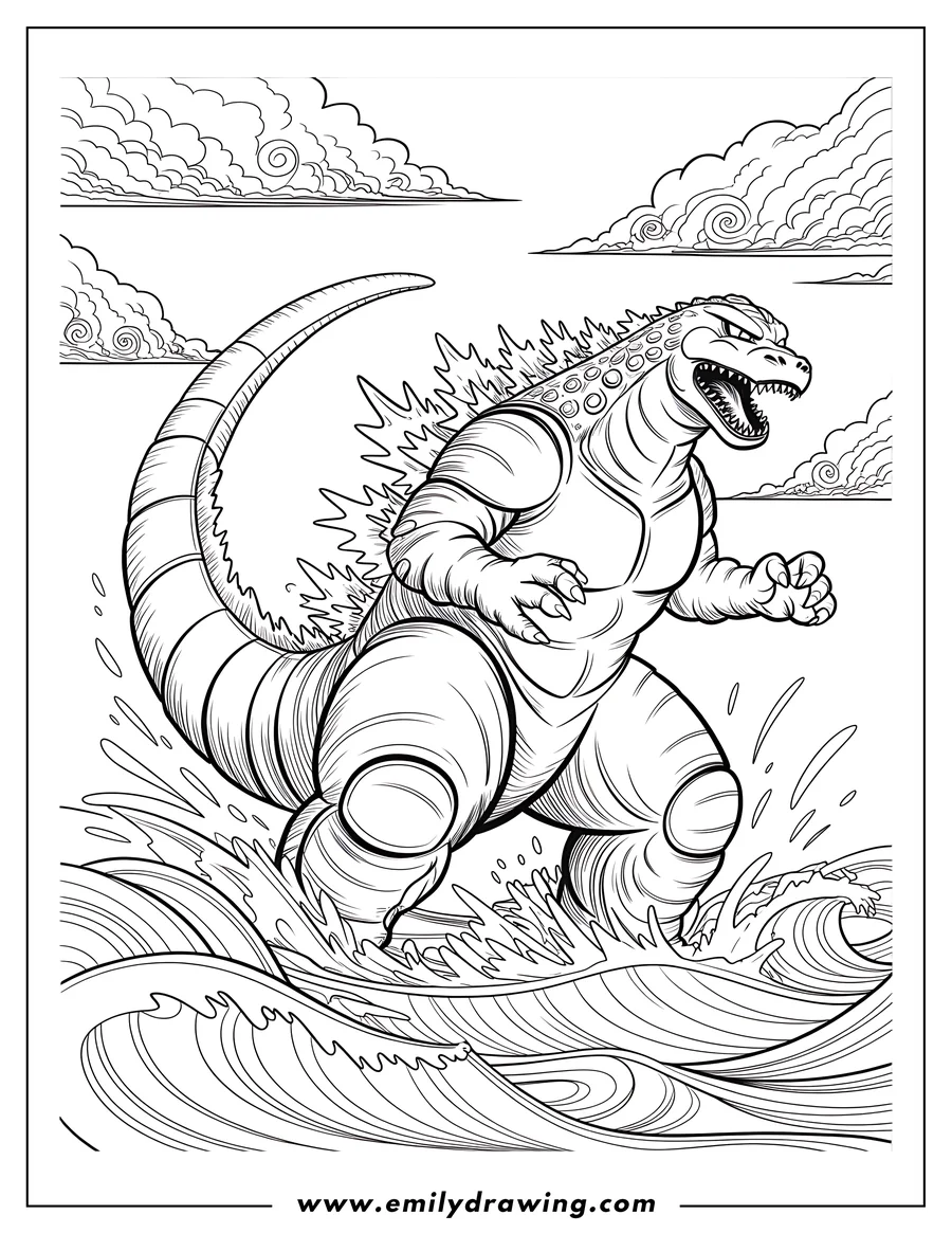 Line art of Godzilla wading through the ocean. Waves splash around his clawed feet.