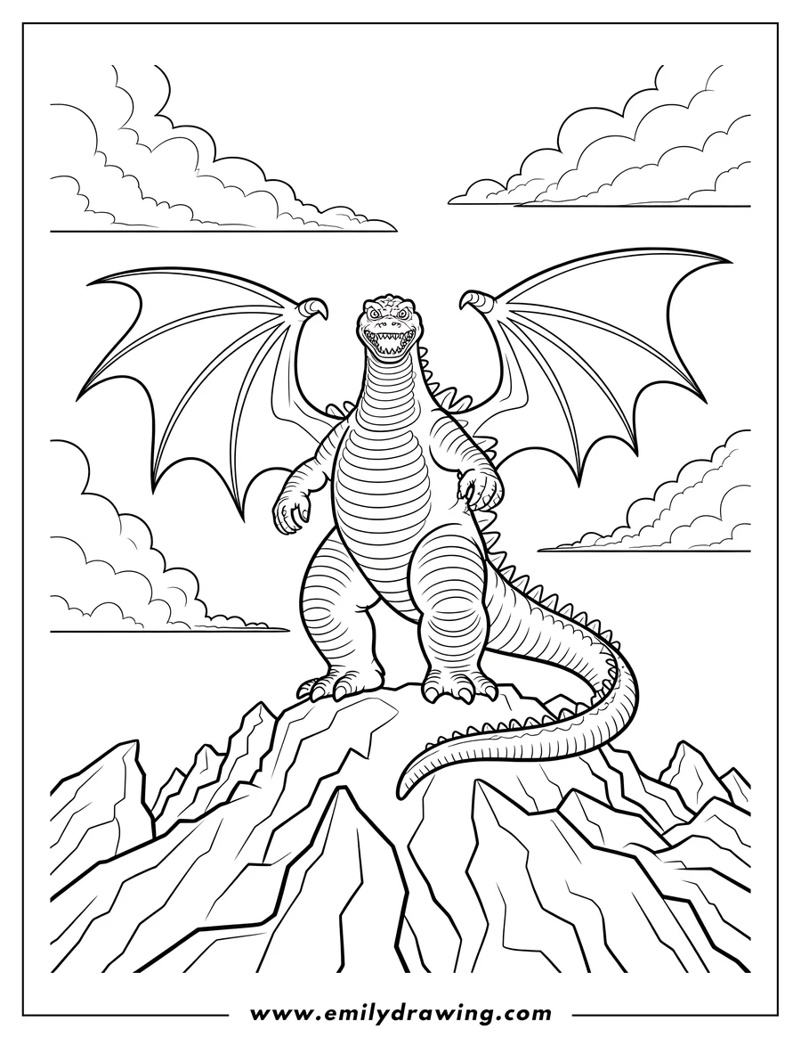 Line art of Godzilla standing on a mountaintop with wings spread, roaring at the sky.