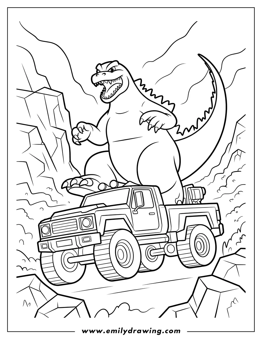 Line art of Godzilla standing on a truck in a rocky landscape.
