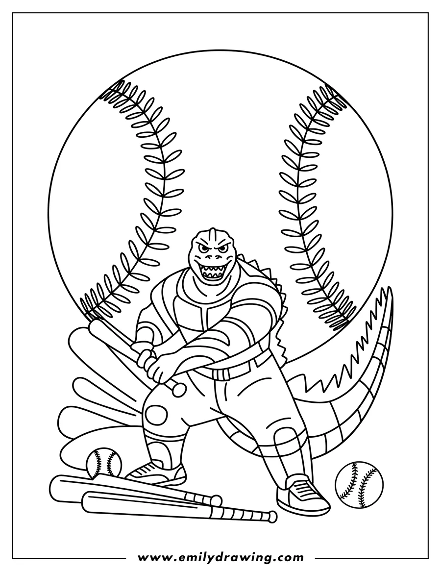 Line art of Godzilla playing baseball, holding a bat and ready to swing, with baseballs and a large baseball in the background.
