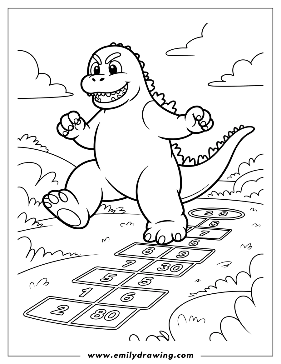 Line art of Godzilla playing hopscotch. He looks fierce but friendly as he hops along the numbered squares.