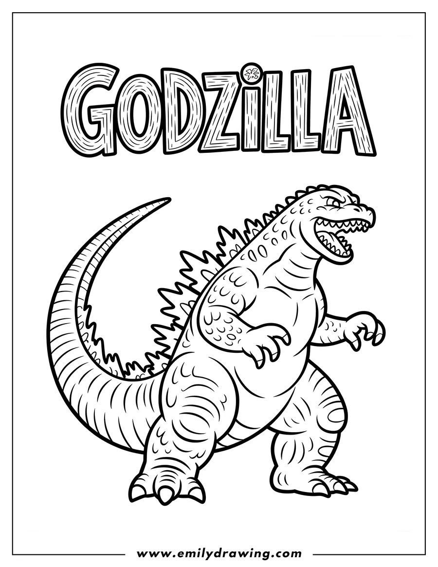 Line art of Godzilla roaring, ready to stomp.
