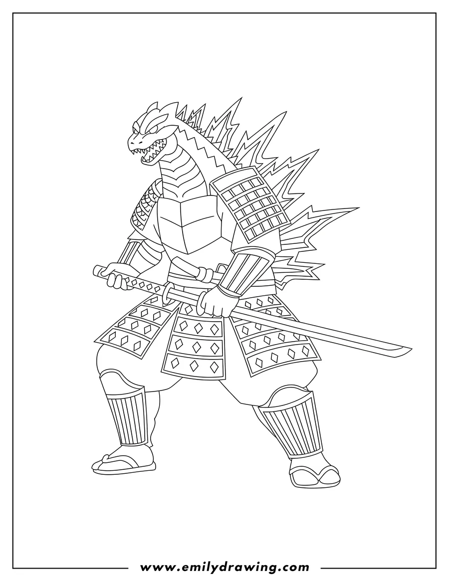 Line art of Godzilla wearing samurai armor and holding a katana.
