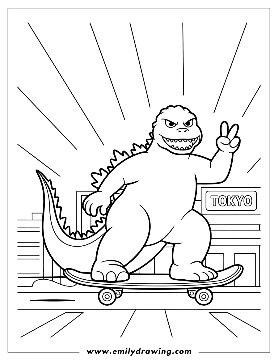 Line art of Godzilla skateboarding in Tokyo, giving a peace sign.