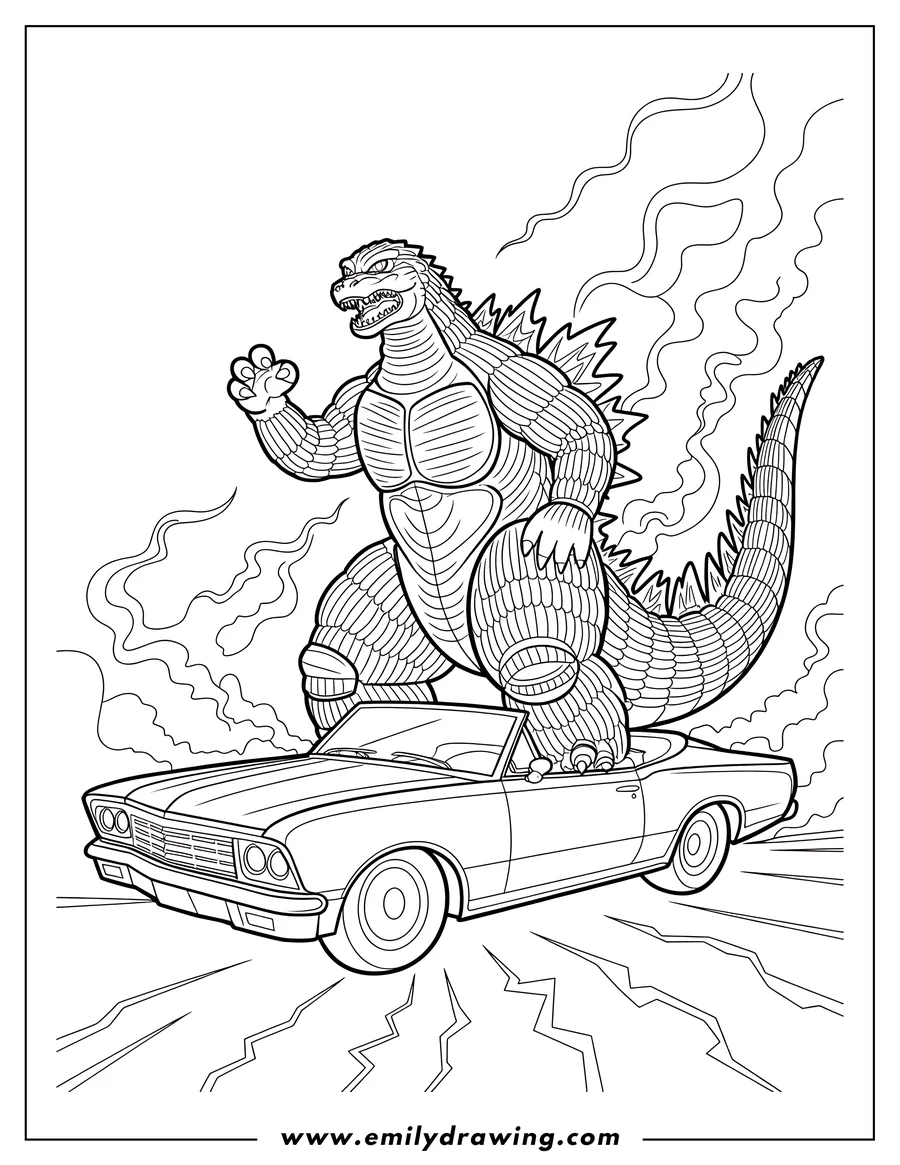 Line art of Godzilla stepping on a car. Godzilla is a large monster with dorsal fins and a powerful tail. The car is small and appears to be crushed beneath Godzilla's foot.