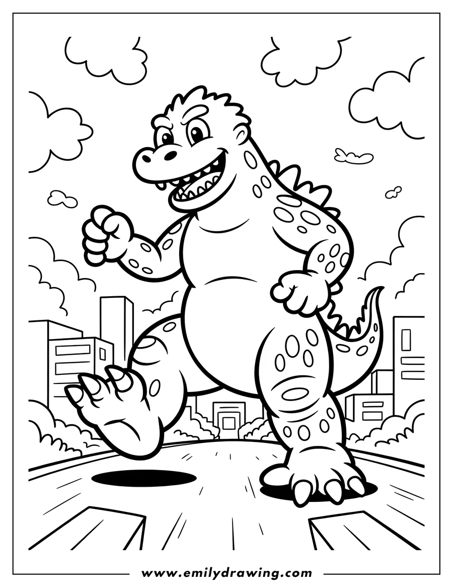 Line art of Godzilla walking through a city.