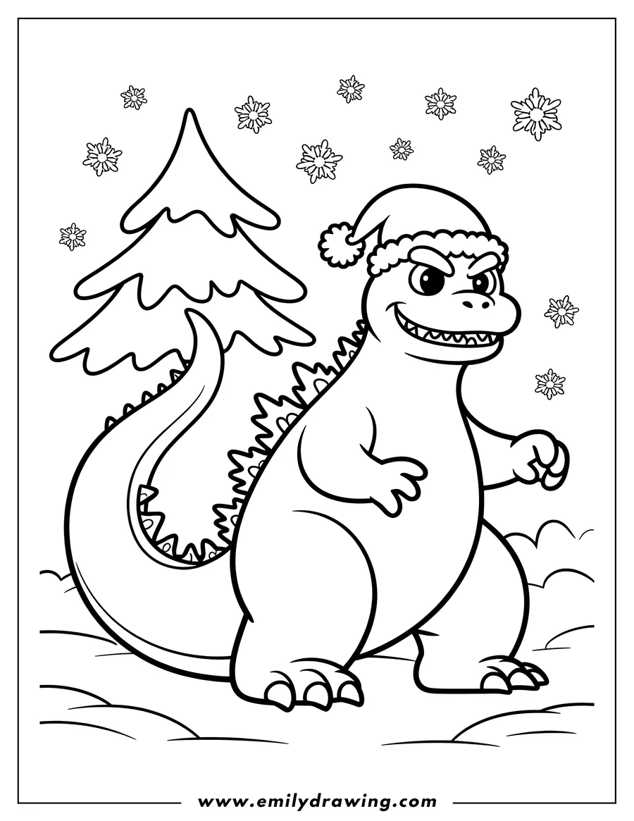 Outline of Godzilla wearing a Santa hat, standing near a pine tree with snowflakes falling around him.