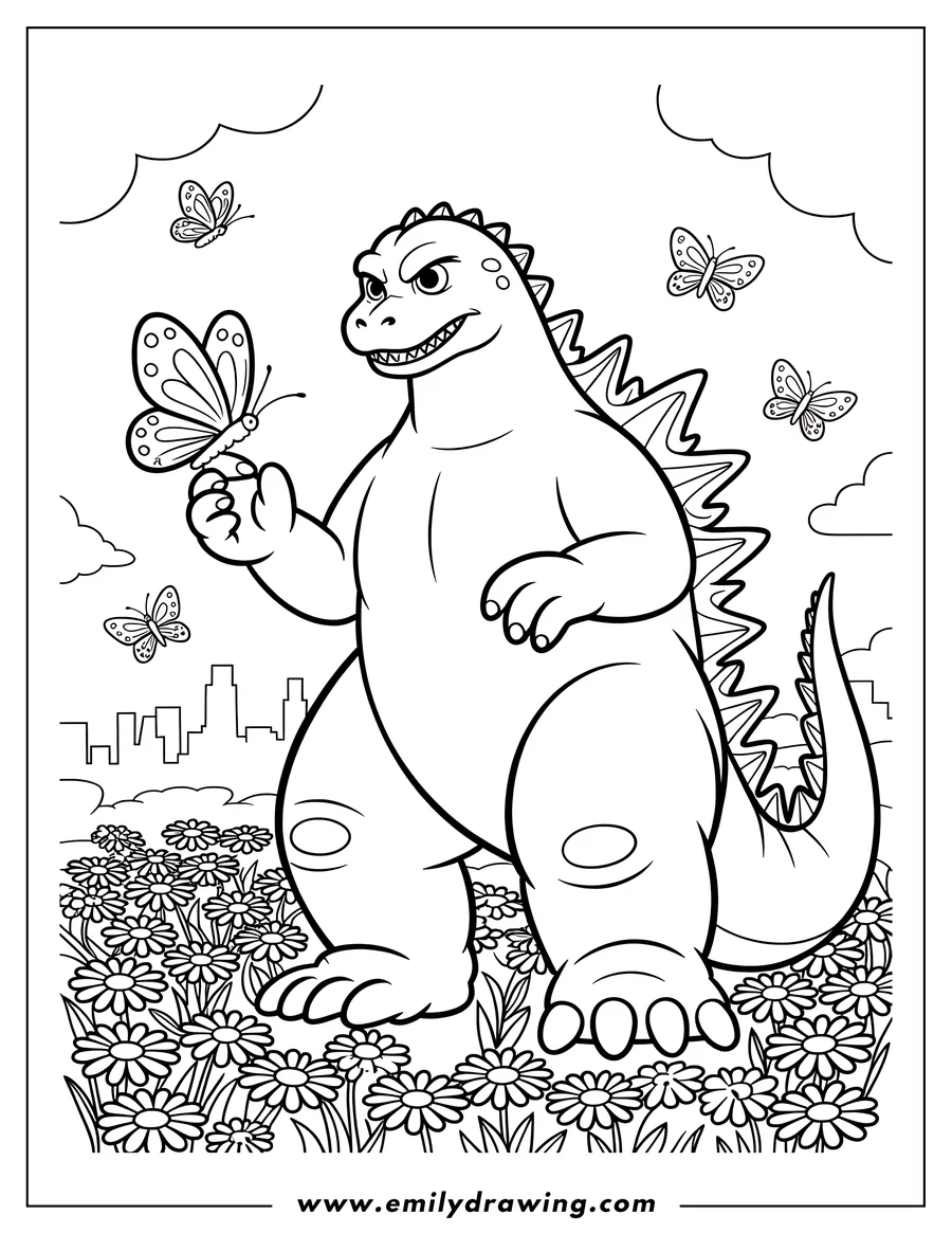 Line art of Godzilla gently holding a butterfly in a field of flowers, with a city skyline in the background.