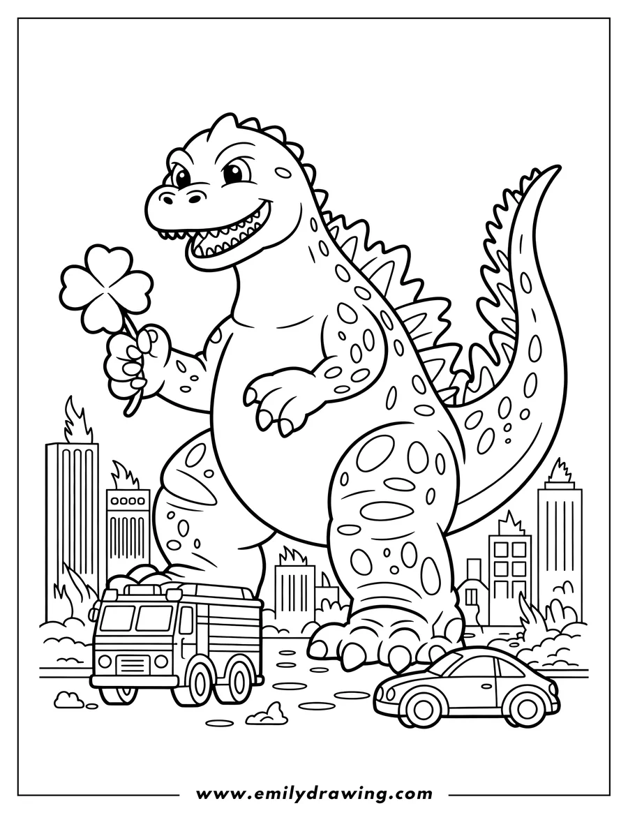 Line art of Godzilla holding a four-leaf clover in a city scene with a firetruck and a car. Buildings are visible in the background.