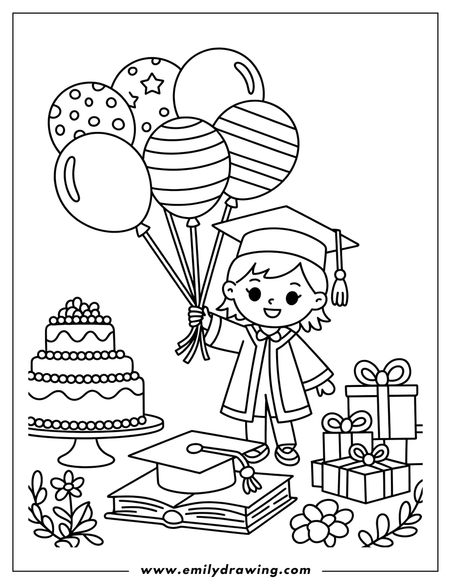 Line art of a happy child in a graduation gown holding balloons. Presents, a cake, a book, and a graduation cap are also visible.
