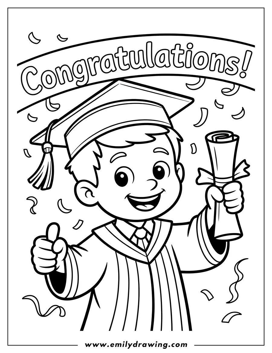 Line art of a cheerful graduate wearing a cap and gown, holding a diploma and giving a thumbs-up. Confetti is falling around them. A banner overhead says 'Congratulations!'.
