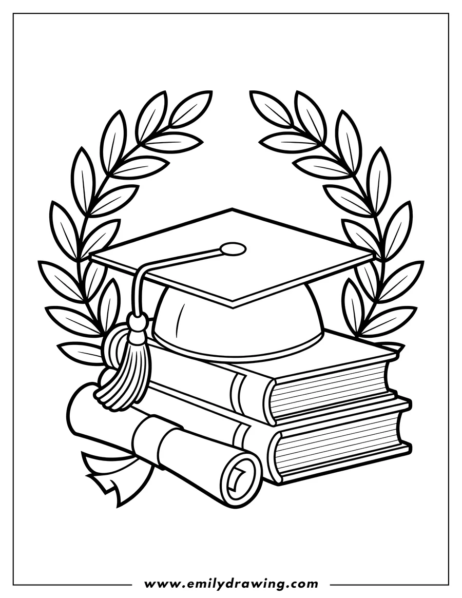 Line art of a graduation cap resting on a stack of books with a diploma alongside, symbolizing academic achievement.