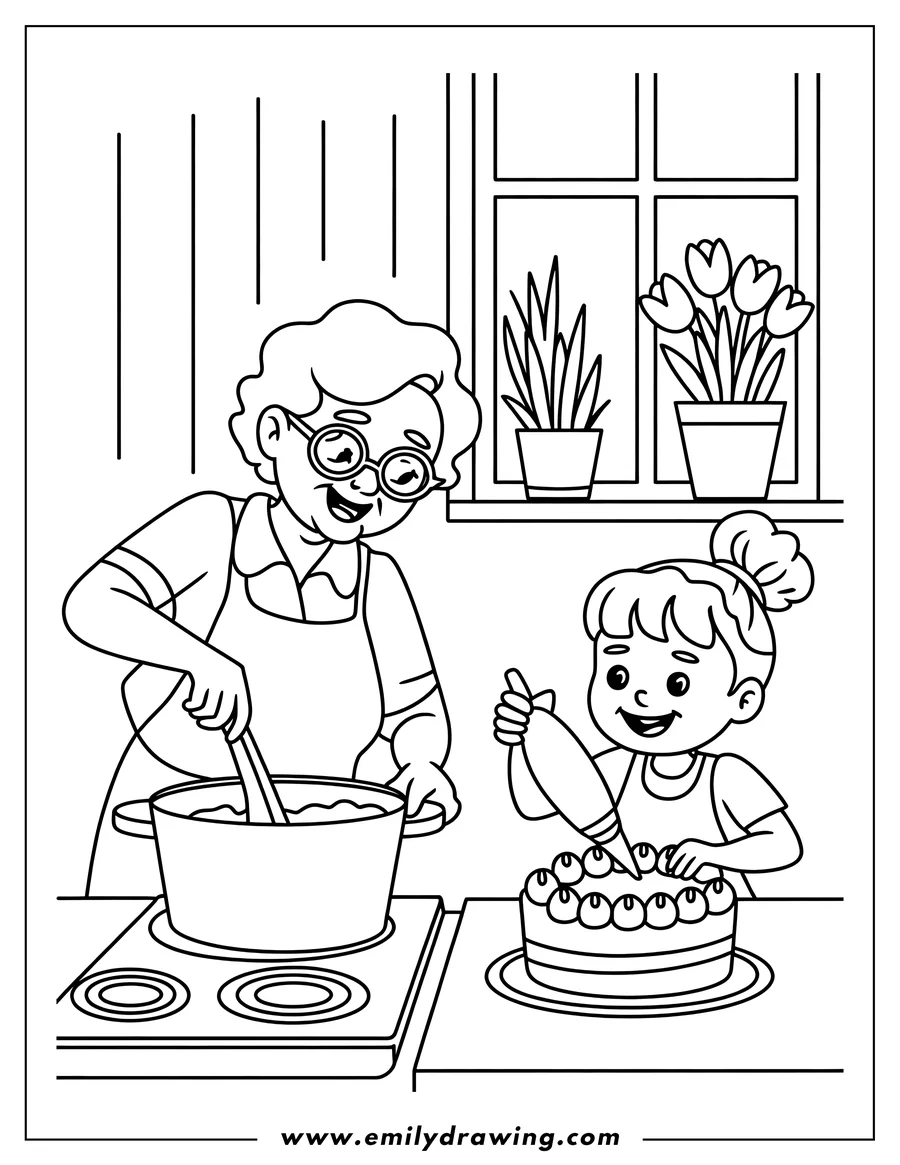 Outline of a grandmother stirring a pot on the stove and her granddaughter decorating a cake in the kitchen.