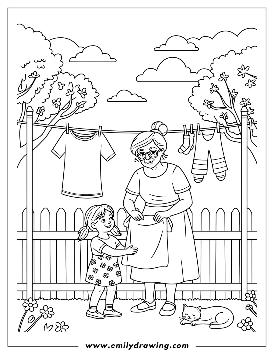 Line art of a grandmother and granddaughter hanging laundry on a clothesline in a garden. A cat sleeps peacefully nearby.