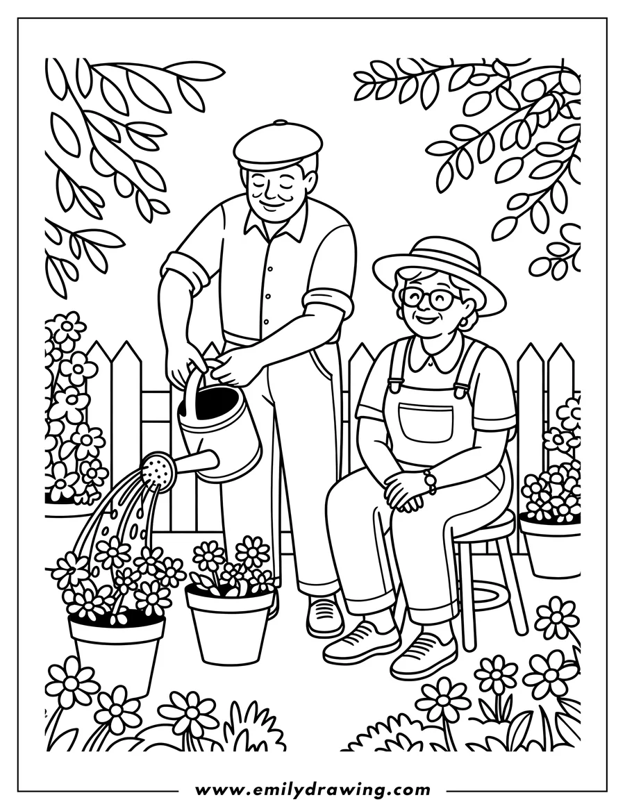 Line art of grandparents gardening. An elderly man waters potted flowers with a watering can while an elderly woman sits nearby on a stool, watching. A picket fence and leafy plants frame the scene.