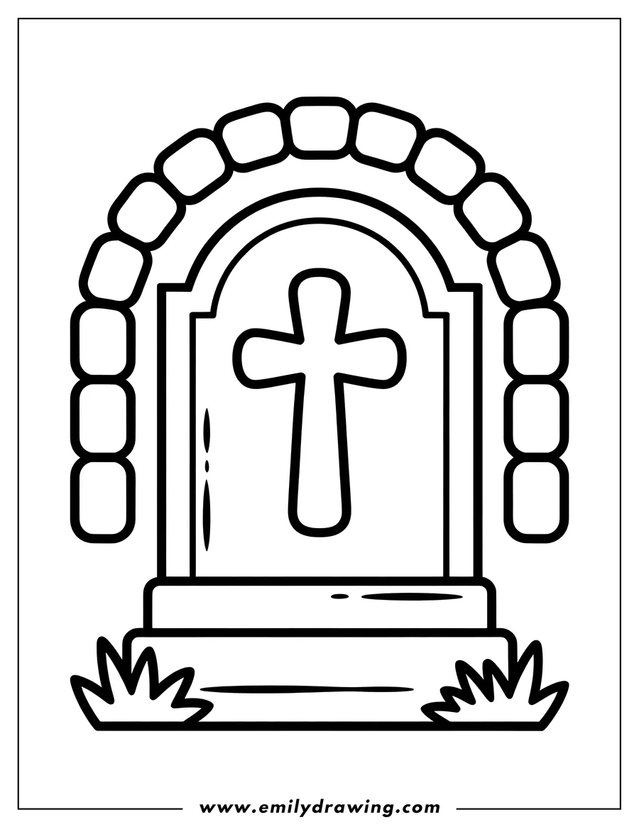 Line art of a gravestone featuring a central cross design, standing beneath a detailed semicircular stone arch, with small tufts of grass at the base.