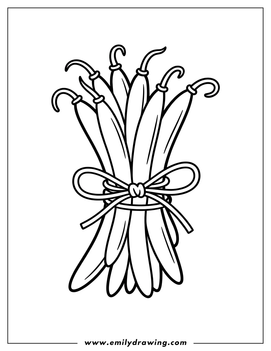 Line art of a bundle of green beans tied together with string.