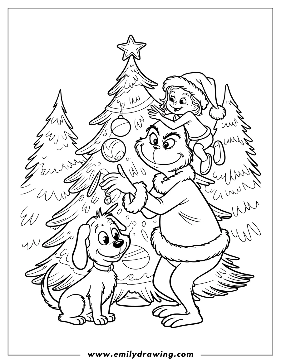 Line art of the Grinch and Cindy Lou Who decorating a Christmas tree with Max the dog watching.