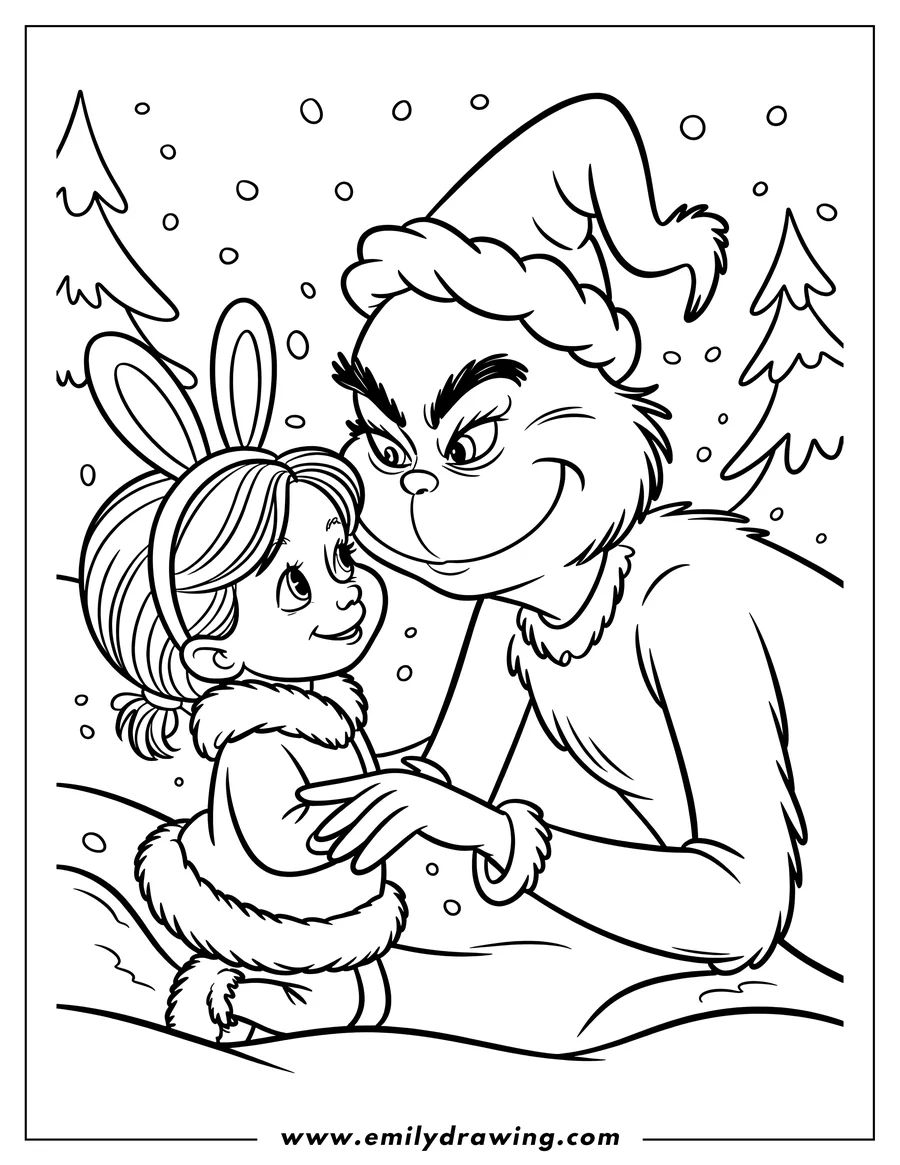 Line art of the Grinch and Cindy Lou Who standing in the snow. Cindy Lou Who wears a fuzzy coat and bunny ears. The Grinch wears a Santa hat and smiles slightly. Pine trees and falling snow are in the background.