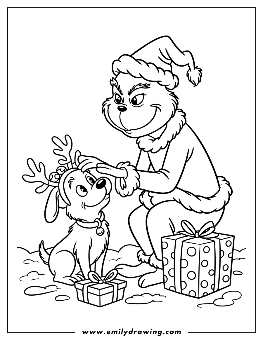 Line art of the Grinch putting reindeer antlers on Max the dog.  They are surrounded by Christmas presents in the snow.