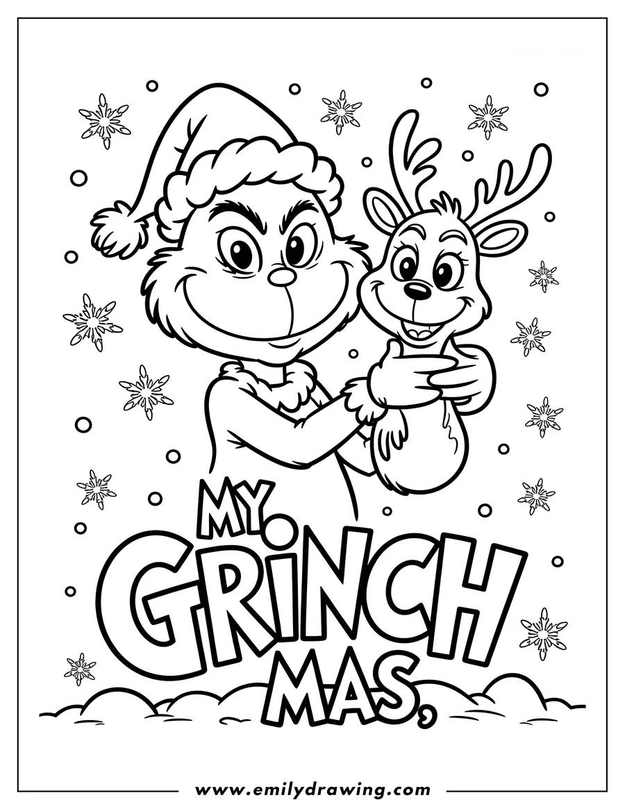 Line art of the Grinch wearing a Santa hat, holding Max the dog in a snowy scene with falling snowflakes.