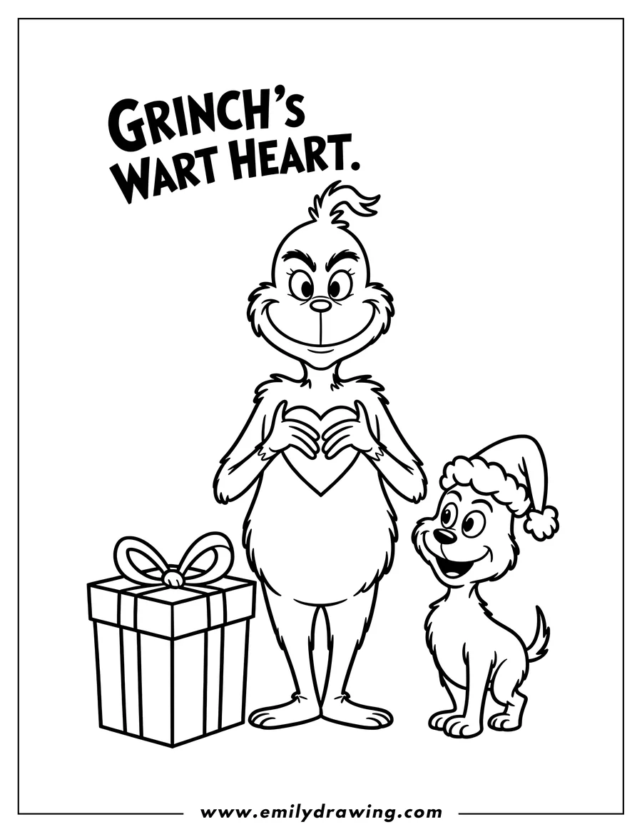 Line art of the Grinch holding his heart with Max the dog wearing a Santa hat and a wrapped present beside them.