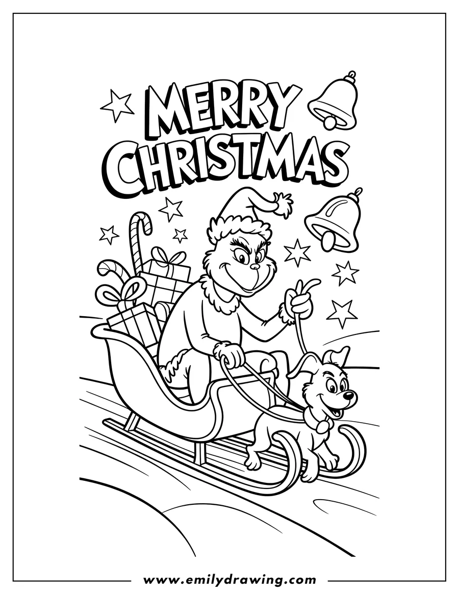 Line art of the Grinch and his dog Max riding in a sleigh filled with presents and candy canes. The words Merry Christmas and festive decorations surround them.