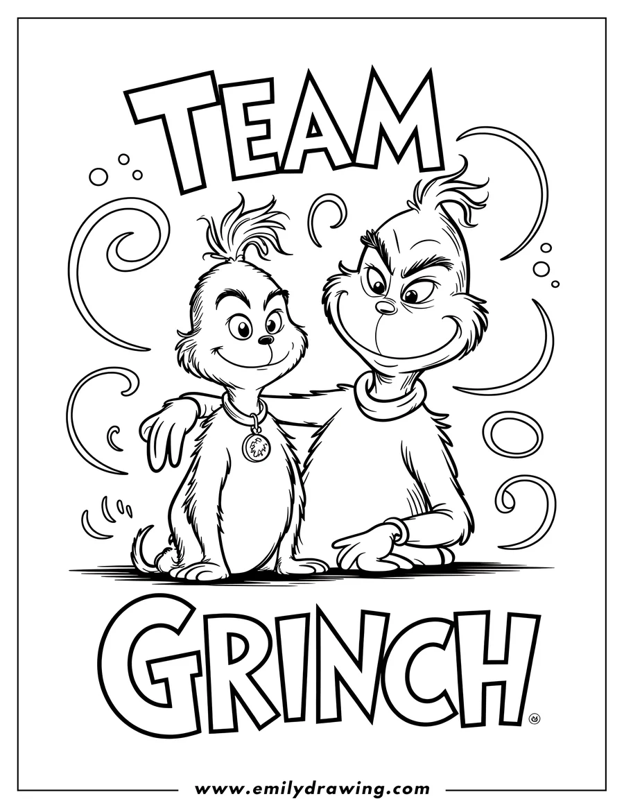 Line art of the Grinch with his dog Max. The word