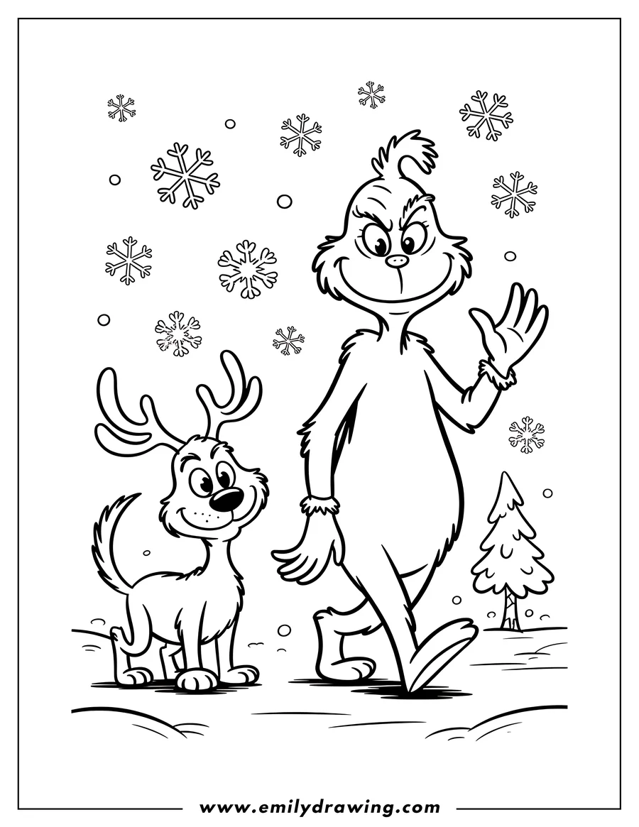 Line art of the Grinch and his dog Max walking in the snow. Snowflakes fall around them, and a small tree is in the background.