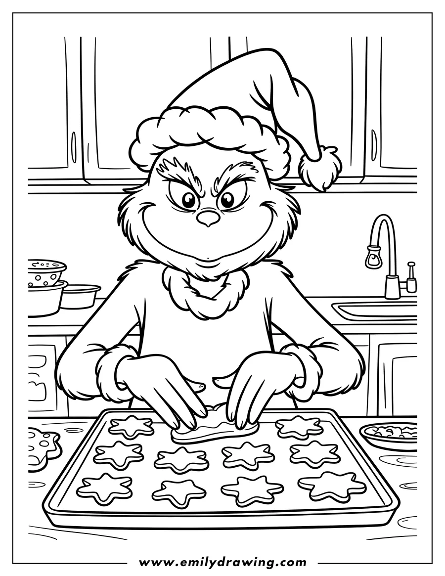 Line art of the Grinch wearing a Santa hat and placing star-shaped cookies on a baking sheet in the kitchen.