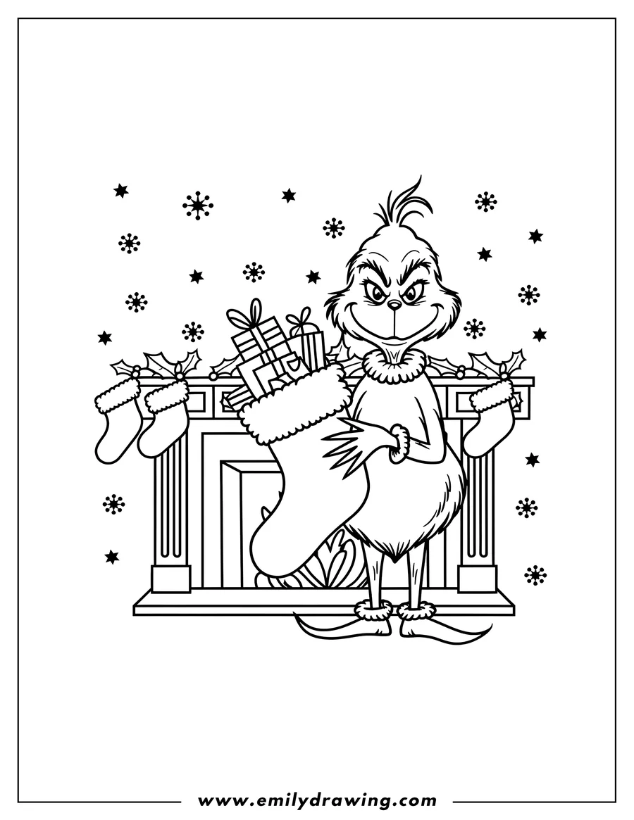 Line art of the Grinch standing by a fireplace with a Christmas stocking, stockings hanging on the mantle, holly sprigs, and snowflakes in the background.