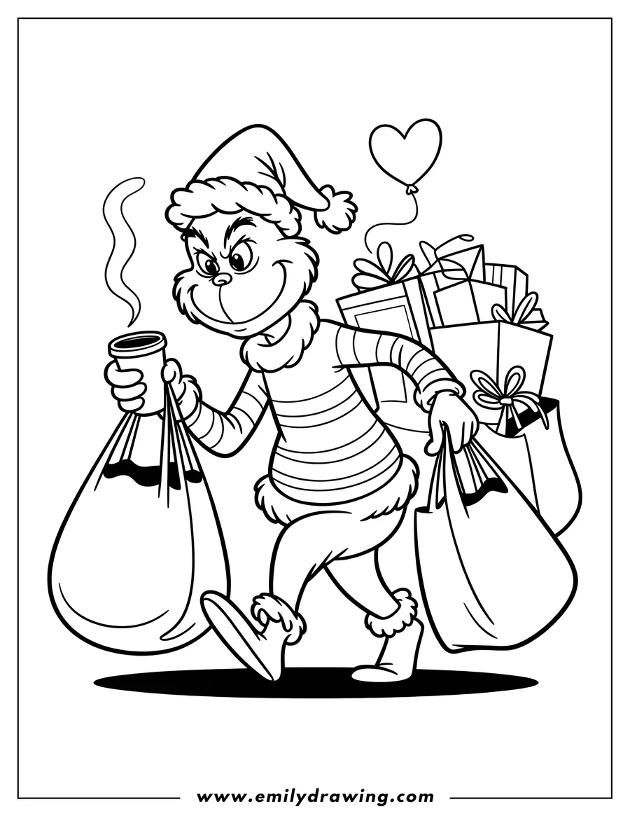 Line art of the Grinch carrying shopping bags full of gifts and a warm drink.