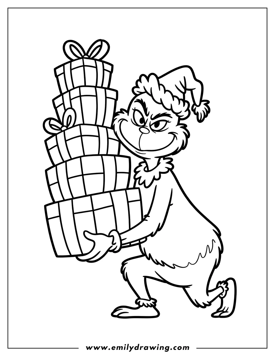 Line art of the Grinch wearing a Santa hat and carrying a stack of wrapped presents.