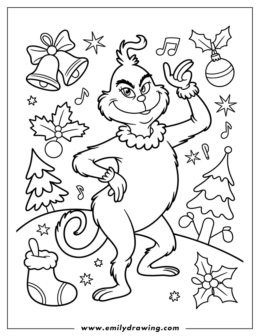 Line art of the Grinch surrounded by Christmas decorations like bells, ornaments, and trees.