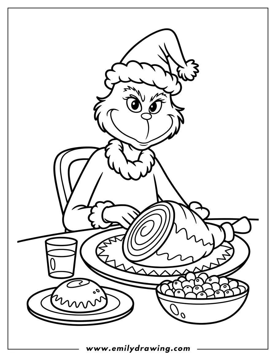 Line art of the Grinch wearing a Santa hat and sitting at a table with a roast beast, Who-pudding, some berries, and a glass of water.