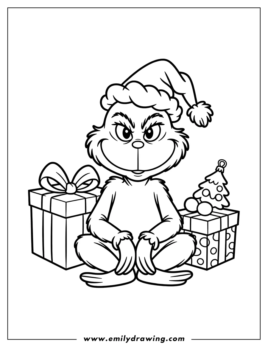 Line art of the Grinch wearing a Santa hat and sitting with Christmas presents.