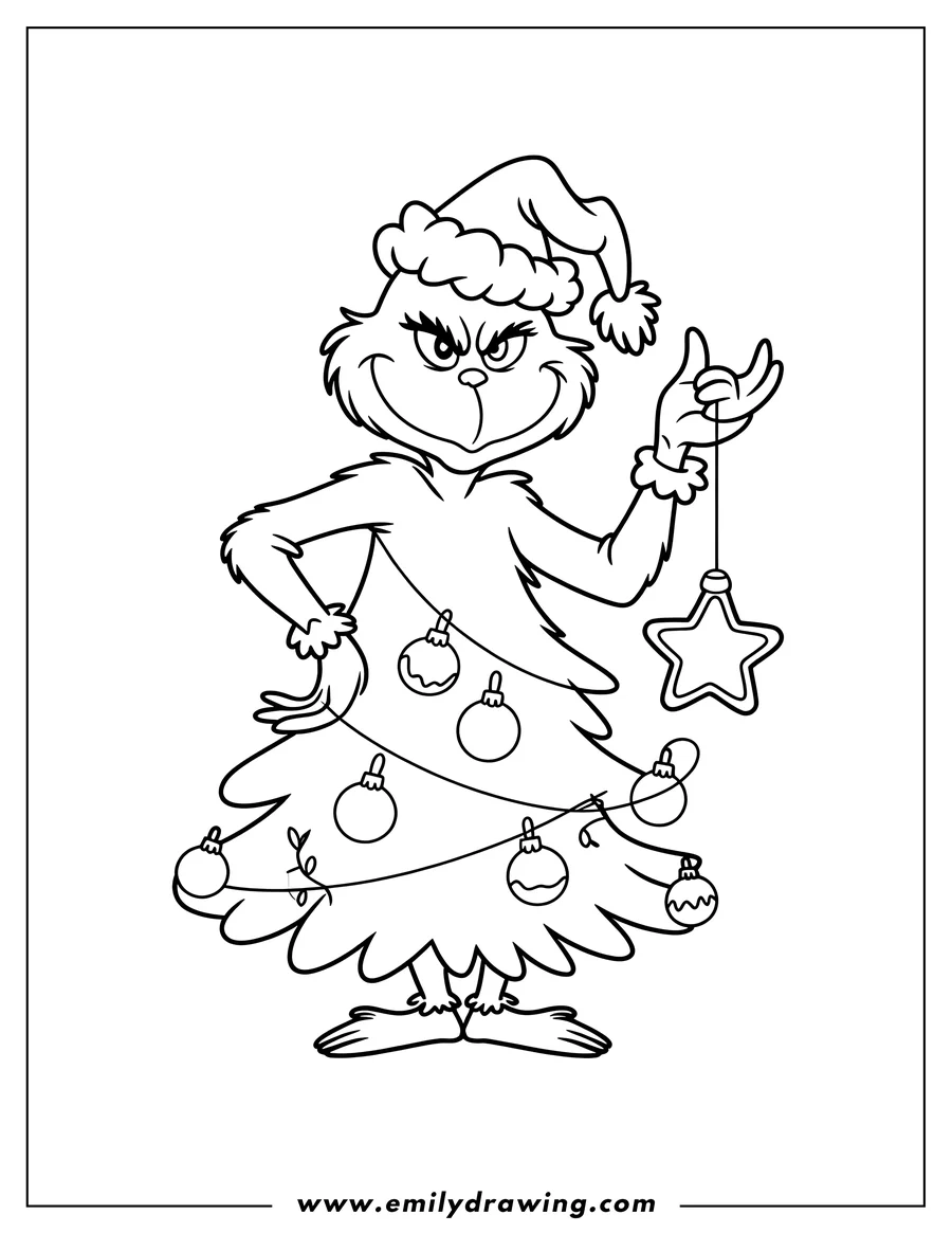 Line art of the Grinch disguised as a Christmas tree, holding a star ornament. He's wearing a Santa hat and the tree is decorated with baubles.