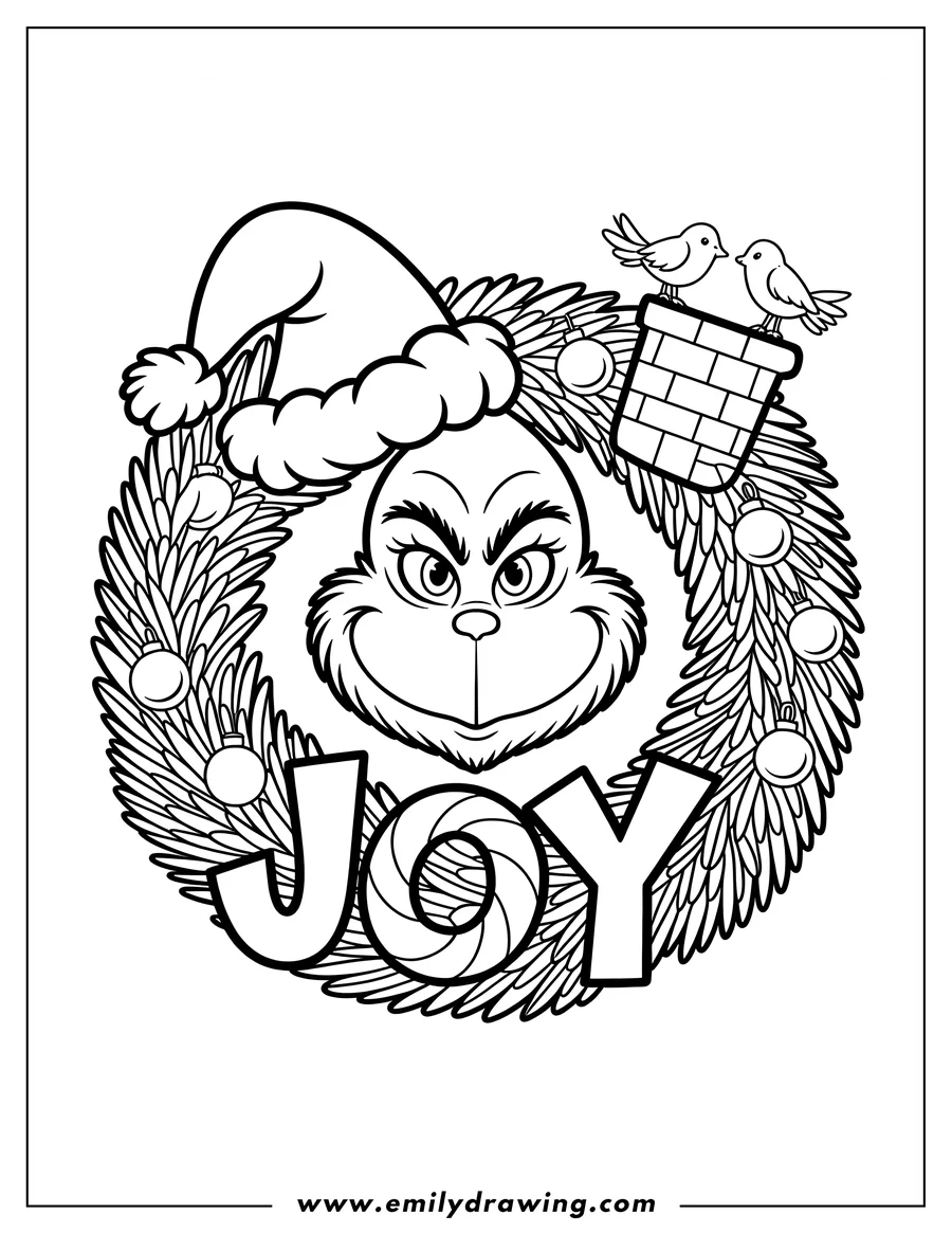 Line art of the Grinch's face peeking out from a Christmas wreath with ornaments, a Santa hat, and two birds perched on a chimney.