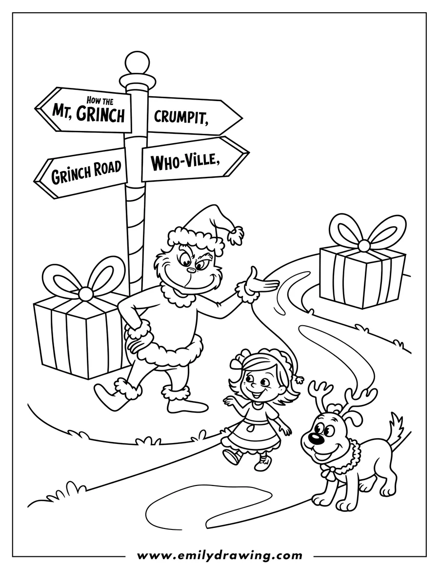 Line art of the Grinch in a Santa suit gesturing towards a signpost with Cindy Lou Who and Max the dog beside her near wrapped gifts.
